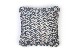 Front View of Woven ‘Tangle’ cushion in indigo tones featuring a textured weave and thick self-piped edge. Using And Objects fabric, made in Belgium. Pattern layout varies by piece.