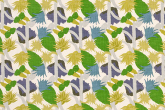 Repeated design of cactus flowers in the 'Parakeet' colourway, part of the Cactus Flower collection by Commune for Christopher Farr Cloth, featuring vibrant green and navy blue hues.