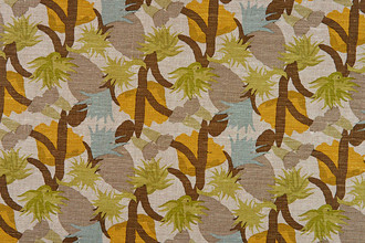 Repeated design of cactus flowers in the 'Pitaschio' colourway, part of the Cactus Flower collection by Commune for Christopher Farr Cloth, featuring celeste blue, honey yellow, brown, and olive green hues.