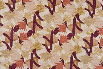 Repeated design of cactus flowers in the 'Wine' colourway, part of the Cactus Flower collection by Commune for Christopher Farr Cloth, featuring terracotta, plaster pink, burgundy, and olive green hues.