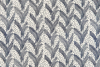 Dark Indigo blue colourway of Carnac printed linen fabric on white linen, featuring a contemporary Bauhaus-inspired dotty and line pattern, perfect for upholstery, curtains, and accessories.