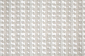 Cremaillère natural colourway featuring natural and grey overlapping on white linen, subtle geometric pattern by Raoul Dufy for Christopher Farr Cloth, perfect for upholstery and curtains.