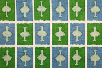 Ozone Printed Fabric in Green — a fresh ikat geometric print with irregular grid-like lines in calming green, creating a natural yet energetic pattern that brings texture and movement to any space.