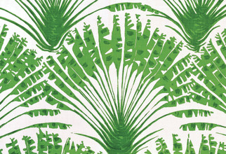Palma print in rich greens, with organic shapes flowing across a white linen background, creating a lively and energetic design.