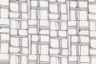 Indigo – Quadrant printed fabric in indigo: sketch-style grid of blue geometric shapes over natural linen.