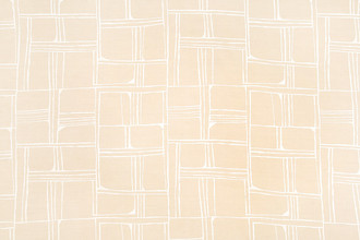 White – White geometric linework of sketchy squares and rectangles printed on natural linen, creating an abstract, organic grid.