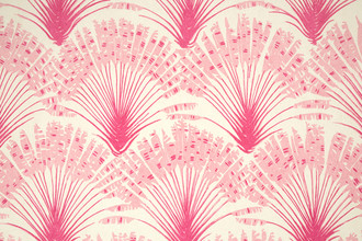 Brisa Printed Wallpaper in vibrant fuchsia pink, showcasing the iconic feather fan pattern by Michael Szell for Christopher Farr Cloth. A striking, contemporary statement.
