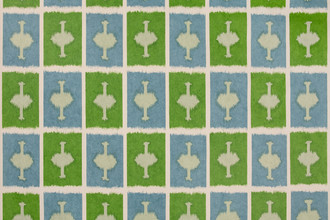 Ozone Printed Wallpaper in Grass — a fresh green wallpaper with an ikat geometric grid pattern and textured surface, offering a lively yet refined statement for contemporary spaces.