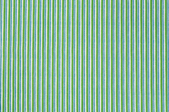 Detail of Peace and Love fabric in green and blue stripe pattern, printed on natural linen for a fresh, graphic look.