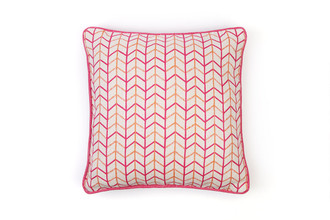 Small Way Front Cushion – reverse view featuring playful geometric fabric in coordinating pink piping, 50x50cm.