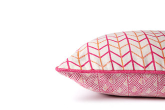 Side detail of Belge Cushion – showcasing Belge hot pink and Small Way reverse, and complementing pink piping, 50x50cm.