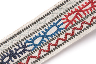 Caravanne Border Trim in Berry – rich berry-toned and multicolour embroidered Aztec pattern on natural linen border.