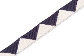 Big Top Tape fabric trim Dark Indigo featuring a whimsical geometric pattern of dark navy blue and white triangles, which can be added to curtains, drapery, upholstery or accessories. Big Top Tape fabric trim Dark Indigo featuring a whimsical geometric pattern of dark navy blue and white triangles, which can be added to curtains, drapery, upholstery or accessories.