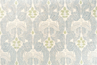 Belle-de-Nuit printed fabric in pale blue and green tones over white linen, showcasing a floral leaf design by Raoul Dufy for Christopher Farr Cloth. Printed in the UK