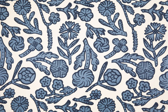 Day Printed Fabric in Dark Indigo, featuring deep blue abstract florals on white linen for a dramatic, expressive look with a 70s-inspired artistic edge.