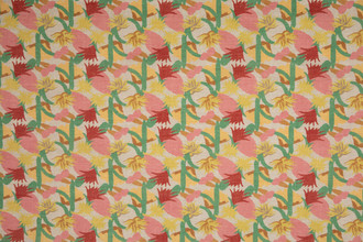 Cactus Flower Performance Printed Fabric in Limone yellow, featuring a striking cactus flower motif with green and rosa pink accents. A bright, modernist design by Commune for Christopher Farr Cloth, ideal for vibrant, high-traffic spaces.