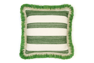 Front View: Nomad cushion in green – showcasing a bold, woven stripe fabric from our And Objects collaboration in tonal greens, finished with hand-dyed ombré trim, 50x50cm.