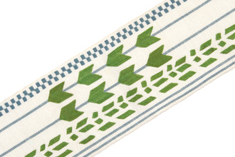 Geometric shapes in green with blue stripes going vertically and check at one side.