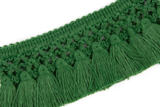 Teepee Fringe Performance in Verde, a rich green tasselled trim offering a stylish accent with tactile detail, suitable for indoor and outdoor applications.