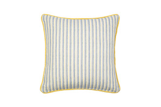 Carnival Cushion in Old Blue – showcasing Barron and Larcher’s ‘Belge’ striped fabric in yellow and blue, 50x50cm.