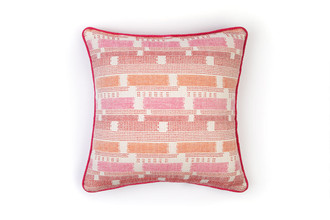 Loom Weave Cushion in Hot Pink – front view showing Kit Kemp’s woven stripe in vibrant orange and pink tones, 50x50cm.
