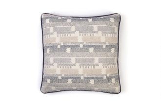 Loom Weave Cushion in Indigo – front view showing Kit Kemp’s woven stripe in cool tonal blues, 50x50cm.