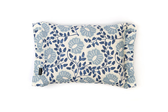 Back view Denim Punch Paisley cushion featuring tonal blue floral paisley design on white linen with pleated edges for added texture and detail.