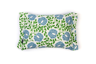 Back view of Green Punch Paisley cushion showcasing the pleated edge and the vibrant blue flowers with green foliage on a white linen background.