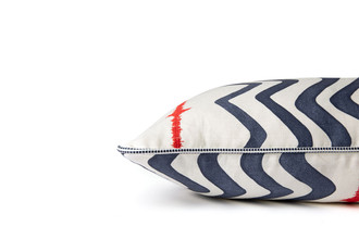 Side detail: Close-up of Rick Rack cushion showing both front and back panels with contrasting zigzag design and embroidered stripes, finished with Hopscotch piping in coordinating colours.