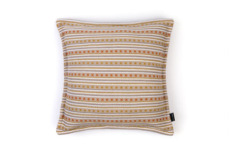Criss Cross Cushion in Natural – front view showing Kit Kemp’s X-stitch motif in vibrant orange on a soft neutral woven base with a matching flanged edge.