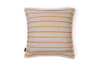 Criss Cross Cushion in Natural – back view highlighting the neutral textured fabric with orange stitch detailing and coordinating flanged finish.