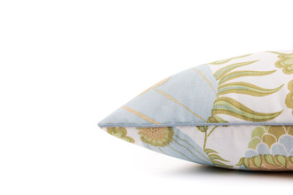 Side view of Carnival Cushion in Celeste – highlighting the green, blue, peach and white pomegranate, finished with blue piping, 45x45cm.