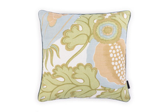 Carnival Cushion in Celeste – featuring Michael Szell’s pomegranate print in green, blue and peach on natural linen, 45x45cm.