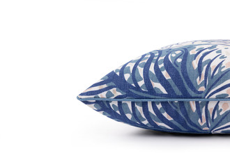Side detail, Mille Feuilles cushion 45x45cm in blue with large scale botanical design and piping trim