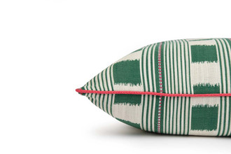 Side detail, Lost and Found cushion 45x45cm in verde with woven check pattern for outdoor and contract use