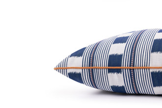 Side detail, Lost and Found cushion 45x45cm in blue with dotted stripe check pattern