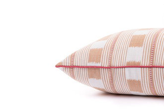 Side detail, Lost and Found cushion 45x45cm in arancio with orange tones and woven check design