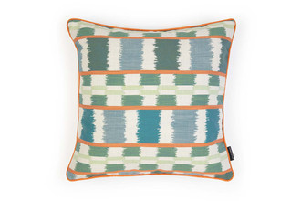 Front view of the Lapaz Cushion in Turchese showcasing bold striped and checked pattern with woven squiggled lines in turquoise tones, offering texture and visual interest.
