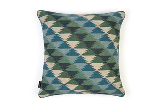 Back view Busy Lizzie Aqua Cushion – featuring a vibrant geometric weave in tonal blues and greens and natural, adding lively texture, 50x50cm.