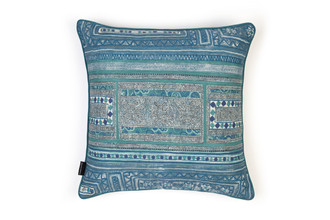 Back view of the Time Teller Indigo Cushion showing the continuation of the bold linear print on white linen, with clean, minimalist tailoring.