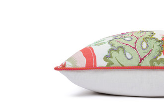 Side View Limited Edition 01 Cirque En Fleur Carnival Cushion featuring vibrant corals, greens, and pinks with a hand-stitched pomegranate floral and leaf design, adding an artistic touch to your décor.