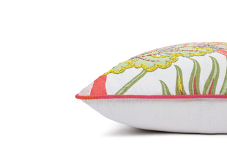 Limited Edition 04 Cirque En Fleur Carnival Cushion plain Ecru fabric, front features vibrant corals, greens, and pinks with a hand-stitched embroidery.