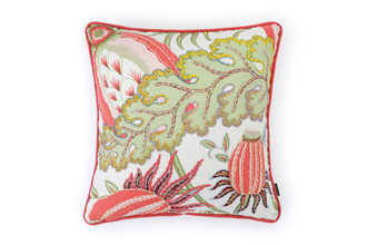 Limited Edition 04 Cirque En Fleur Carnival Cushion plain Ecru fabric, front features vibrant corals, greens, and pinks with a hand-stitched pomegranate floral and leaf design, adding an artistic touch to your décor.