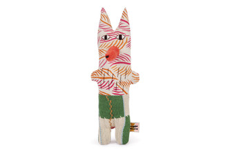 Front: "Patchwork squirrel No. 09 by Donna Wilson, stitched together from seconds and scrap cloth in earthy and bold tones, with button details and a hand-made charm."