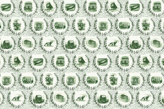 Green-toned wallpaper showing Fogo Island illustrations within ornate repeating crests.