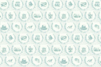 Soft aqua wallpaper design with whimsical Fogo Island vignettes inside repeating frames.