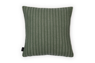 Back of Set the Scene linen cushion in Olive green with striped Olive Algonquin fabric. Toile Printed Design.