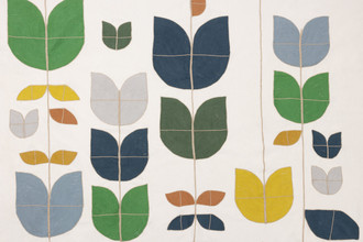 Christopher Farr Cloth Happy Flower hand-guided embroidery fabric in Dark Indigo – a curtain-weight textile with playful geometric and floral patterns on a cotton base.