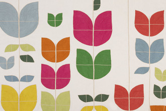 Christopher Farr Cloth Happy Flower hand-guided embroidery fabric in Hot Pink – a curtain-weight textile with playful geometric and floral patterns on a cotton base.