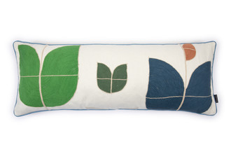 Happy Flowers Dark Indigo Bolster Cushion Tulip Floral Embroidered Design Greens and blues.